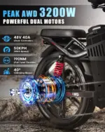 Wallke H9 AWD 2000W double moteur 48V 60AH batterie Samsung 20 pouces VTT Fat Bike Shimano 7 vitesses-Noir – Image 3