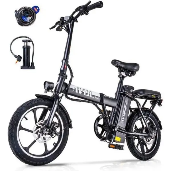 AVDLEU - Vélo Électrique Pliable - Roues 16" - Moteur 250W 25km/h - Batterie 36V 11.4Ah - Autonomie 40-80km (Mode ASSIST) - Noir
